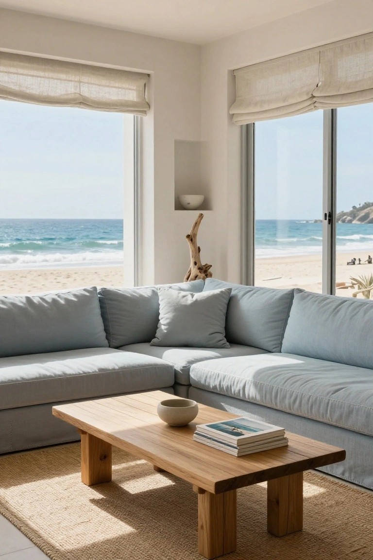 Light blue linen L-shaped sofa in a minimalist white living room corner with wooden coffee table, seagrass rug, and large windows overlooking ocean beach.