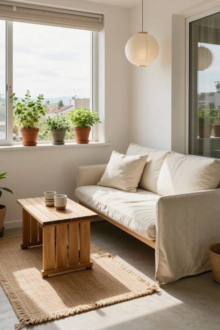 Light beige linen-covered low sofa with pillows on a beige rug next to wooden low table with two ceramic mugs, potted herbs on windowsill above, paper lantern pendant light, white walls, large windows with view, concrete floor.