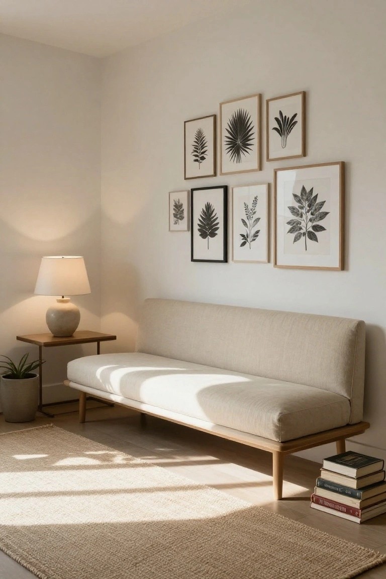 Beige fabric daybed sofa on wooden legs positioned against a white wall in a minimalist room corner, with black line drawing botanical prints in oak frames above, a ceramic table lamp on a wood side table, potted plant, stack of books, and seagrass rug on light wood floor.