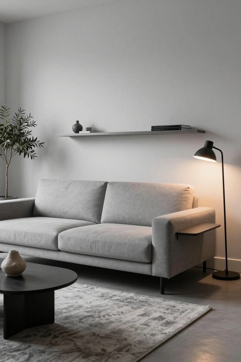 Gray fabric sofa with built-in arm shelf on one side, black floor lamp, black oval coffee table with beige vase, potted olive tree, floating wall shelf with vase and books, and light gray rug on polished concrete floor in a minimalist living room.