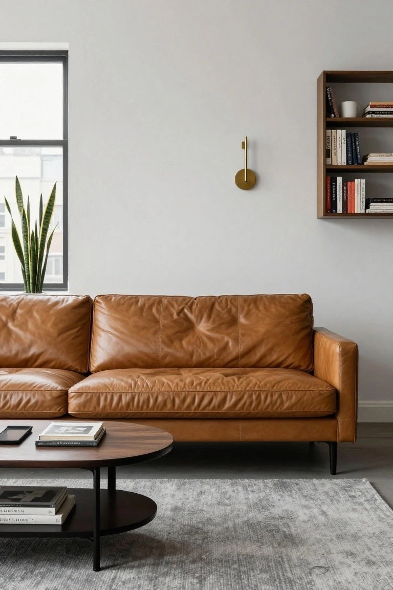 Modern tan leather three-seater sofa in a minimalist living room with white walls, black metal coffee table holding books, wooden wall-mounted bookshelves, gold wall sconce, and tall snake plant by a large window.