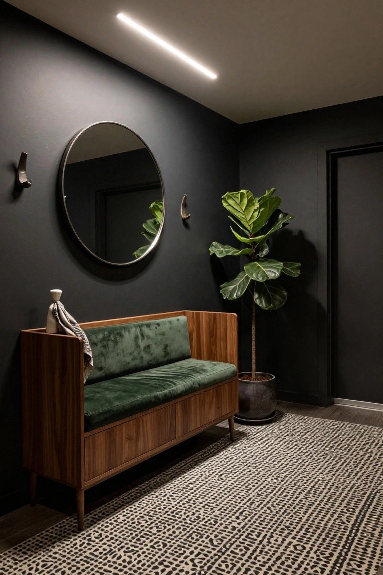 Dark-walled hallway with wooden bench upholstered in green velvet, round mirror on wall, potted fiddle leaf fig plant, wall hooks, small sculpture, and patterned rug on wood floor.