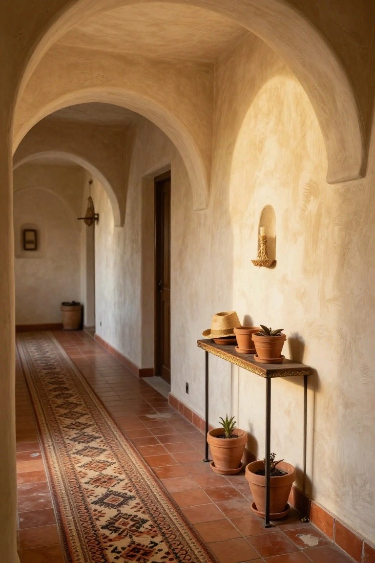 Sunlit interior hallway with curved white plaster arches, terracotta tile floor under a patterned runner rug, wooden console table with potted plants and straw hats against the wall, wall niche holding a candle, and wooden door.