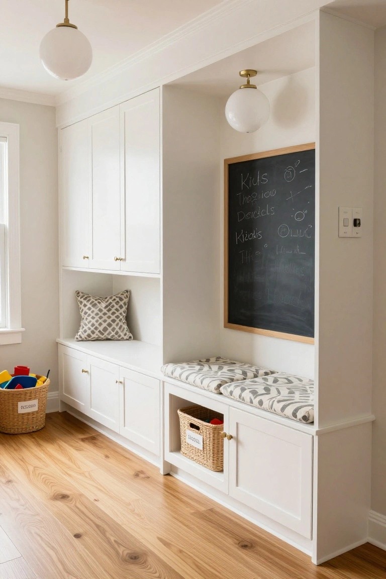 White built-in cabinets and cushioned bench in a hallway with woven storage baskets, chalkboard, toys, pendant lights, and hardwood floors.