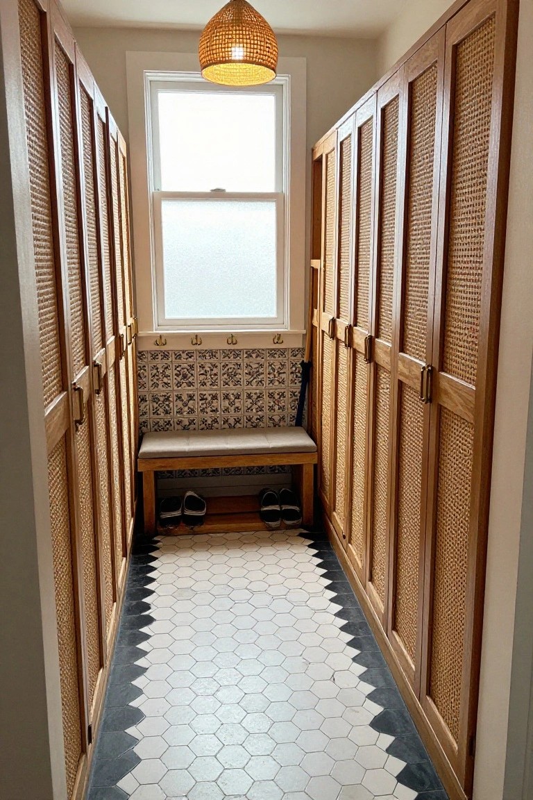 Narrow indoor hallway lined with tall wooden wardrobes featuring rattan or cane doors on both sides, a cushioned bench with tiled backsplash and shoes stored underneath, hexagonal white and black floor tiles, hooks on the wall, and a window at the end.
