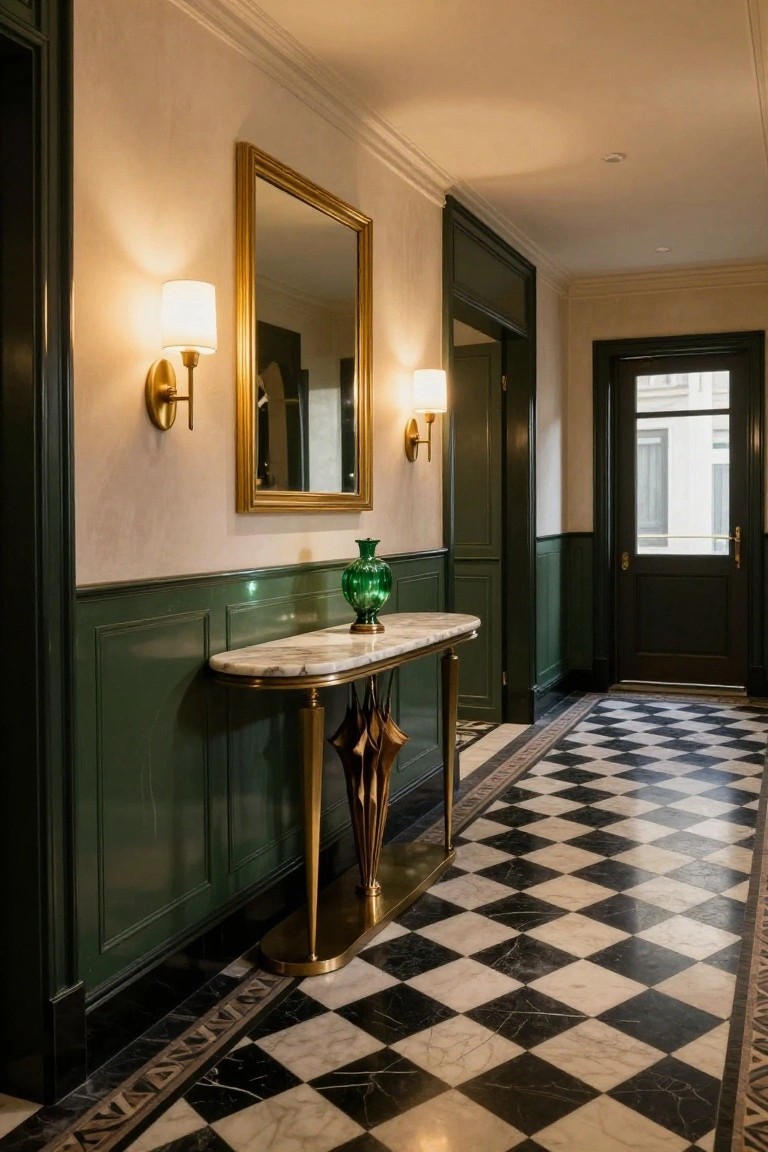 Hallway interior with dark green wainscoting on beige walls, gold-framed mirror, marble console table topped with green glass vase on umbrella-shaped gold stand, wall sconces, and black-and-white checkered marble floor leading to dark green doors.