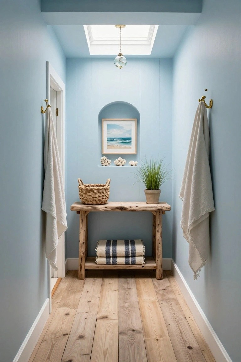 Narrow light blue hallway with paneled walls, central rustic wood console table topped with basket and folded striped linens, white towels hanging from brass hooks on both walls, arched niche displaying beach painting and seashells, skylight overhead, and light wood flooring.