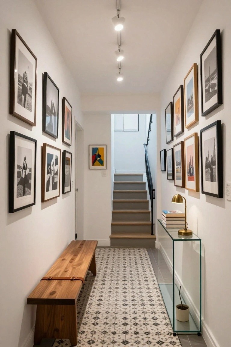 Narrow white interior hallway with art in black and wood frames lining both walls, wooden bench on the floor, patterned rug runner, glass console table with brass lamp books and plant, and open riser stairs at the end.