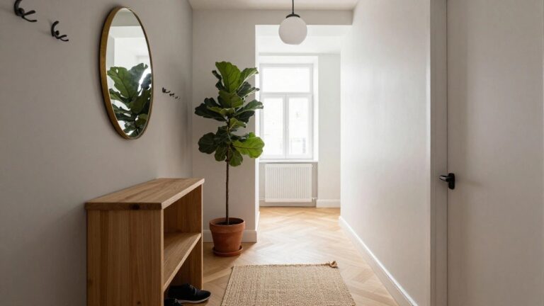 22 Modern Hallway Design Tips That Make Your Home Feel Polished Narrow indoor hallway with light gray walls, herringbone light oak floors, slim wooden console table with drawer and shoe cubby, large potted fiddle leaf fig plant, round gold mirror, black coat hook, jute runner rug, and white globe pendant light by a window.
