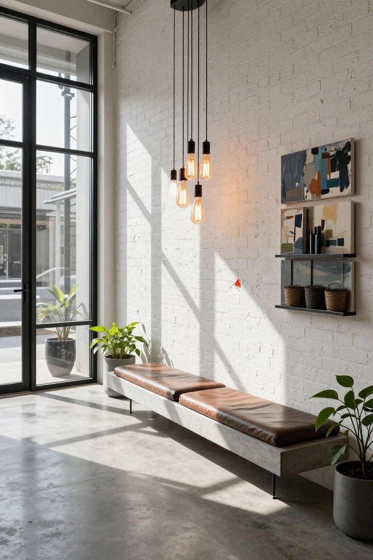 Modern interior hallway with white exposed brick walls, large black-framed glass door and windows allowing in sunlight, five black pendant lights with Edison bulbs, abstract paintings and black shelves holding woven baskets, long gray concrete bench with brown leather seat cushions, and several potted green plants.