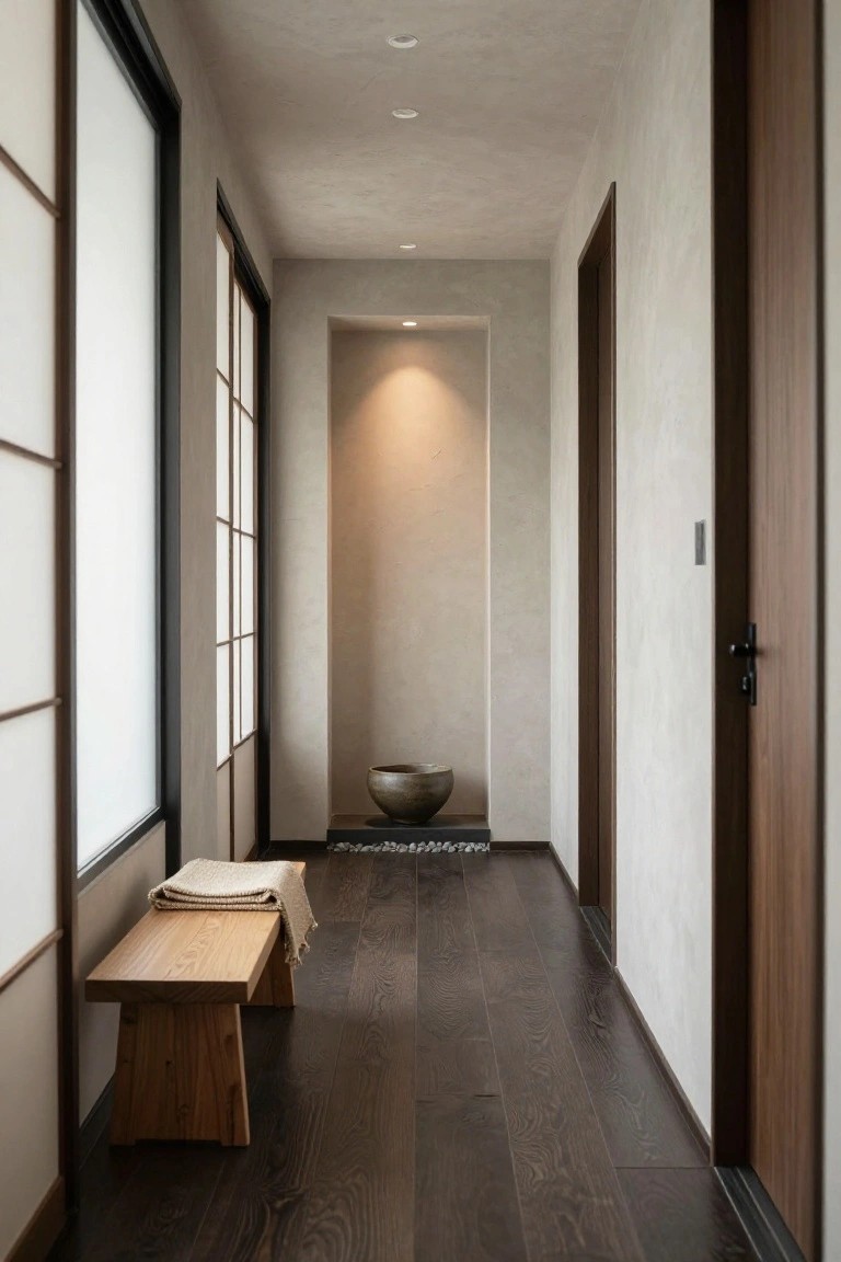 Long narrow modern hallway with shoji screens on one side, beige textured walls, dark wood flooring, low wooden bench with folded blanket, and recessed stone basin with pebbles on a black base surrounded by white rocks.
