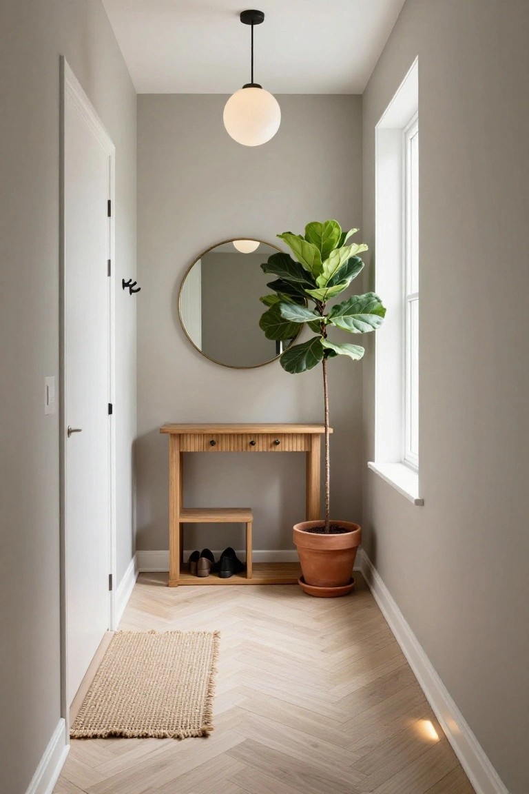 Narrow indoor hallway with light gray walls, herringbone light oak floors, slim wooden console table with drawer and shoe cubby, large potted fiddle leaf fig plant, round gold mirror, black coat hook, jute runner rug, and white globe pendant light by a window.