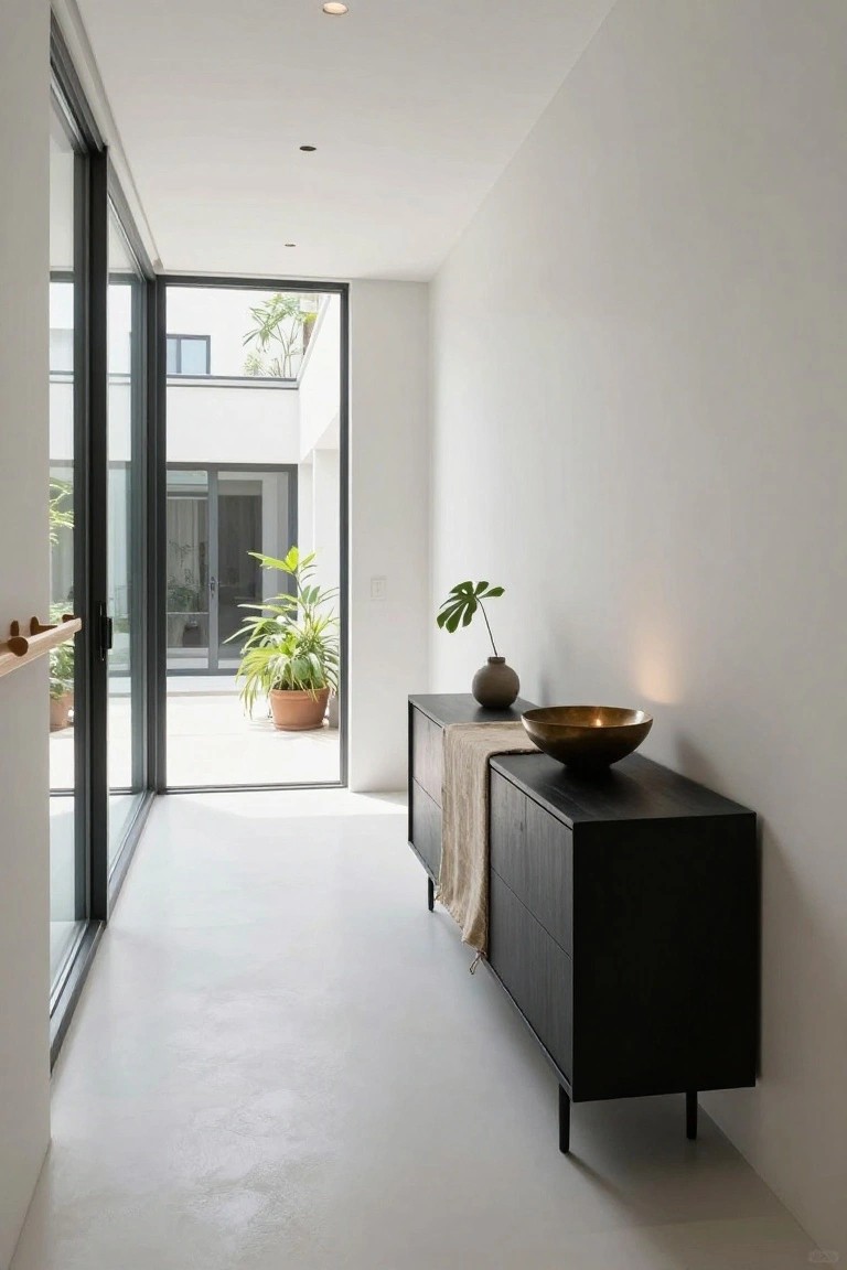 Modern hallway with white walls, polished concrete floor, black credenza topped with beige towel, gray vase, and brass bowl next to a green leaf, large sliding glass doors open to a courtyard with potted plants.