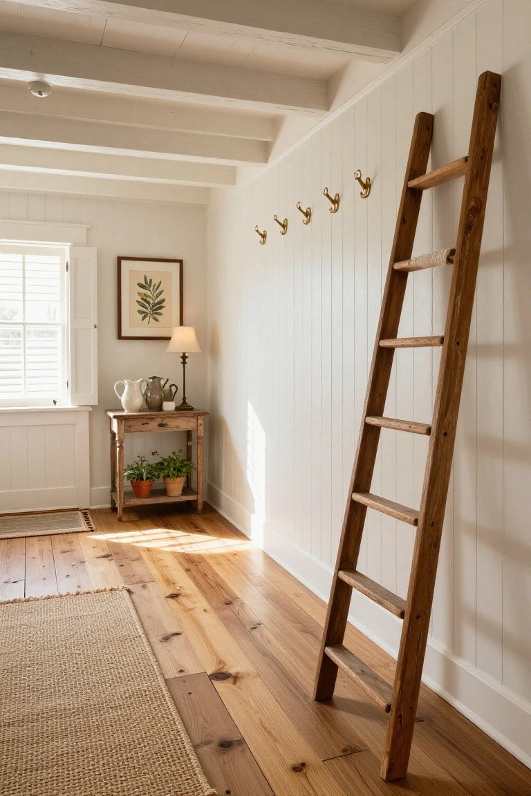 Tall wooden ladder leaning against white shiplap wall in a bright interior room with brass wall hooks, rustic wooden console table holding pitchers and potted plants, hardwood floors, jute rug, and a window with shutters.