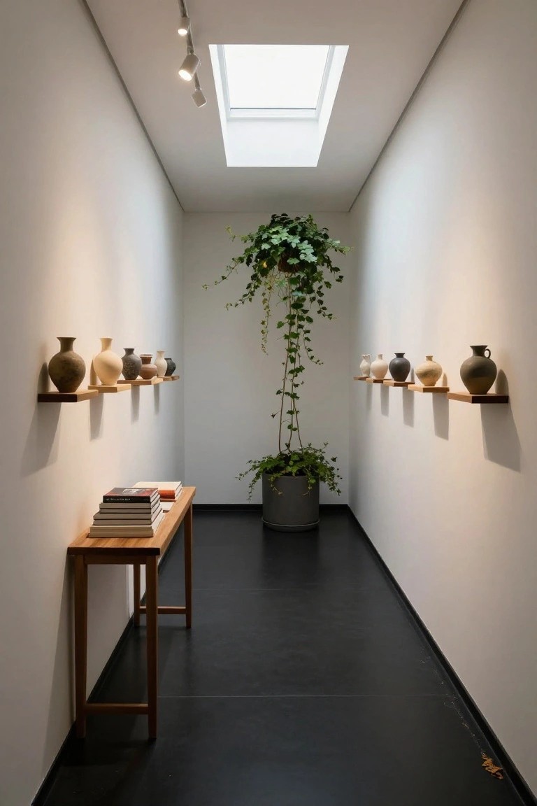 Narrow white hallway with black floor, skylight overhead, wooden floating shelves on one wall holding various ceramic vases, central potted ivy plant with trailing vines, and wooden console table with stacked books on the opposite side.
