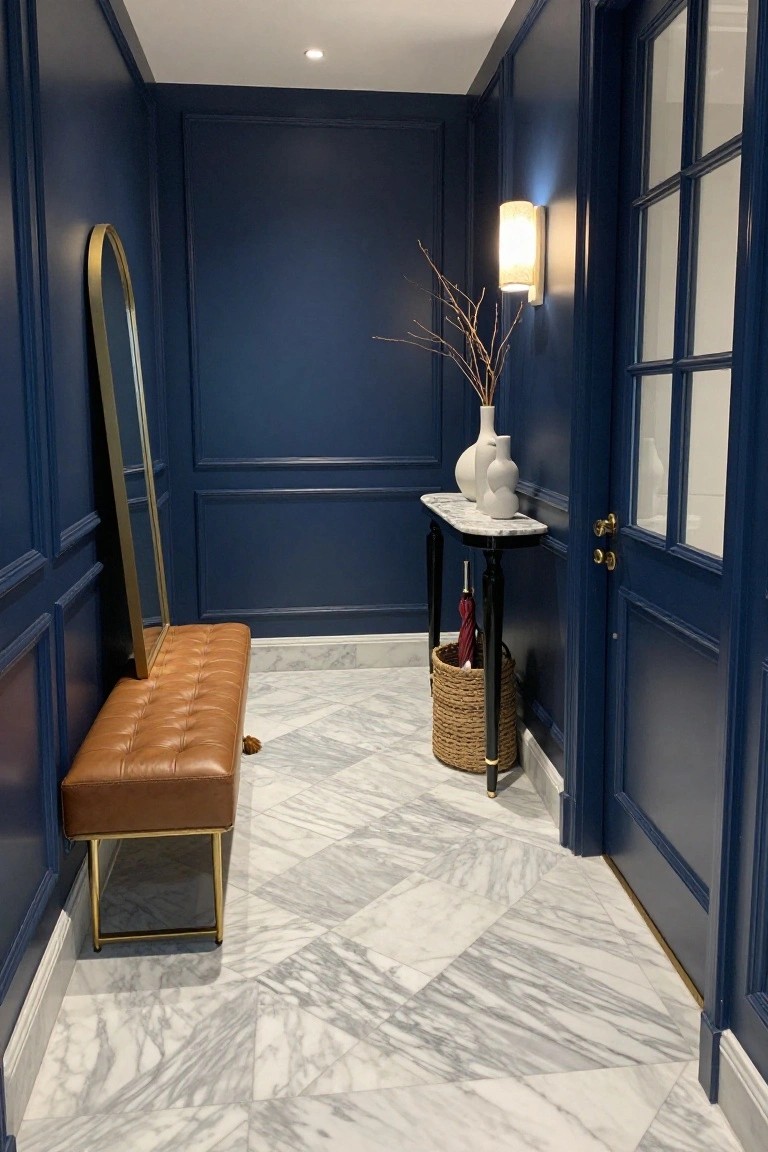 Narrow interior hallway with dark navy blue paneled walls, white marble tile floor, tall gold-framed mirror, tan leather bench on gold legs, black console table holding white ceramic vases and a red umbrella in a wicker basket, and a navy blue door with glass panels.