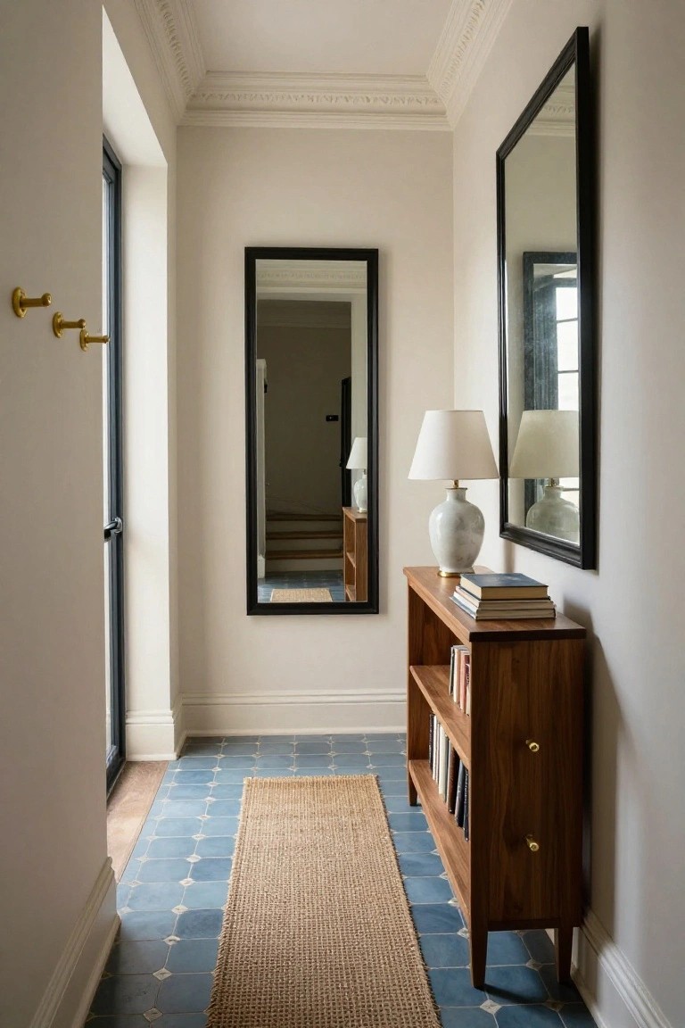 Narrow interior hallway with light walls and ornate ceiling molding, blue diamond-patterned tile floor partially covered by a beige seagrass runner, wooden console table holding stacked books and a white ceramic lamp, two tall black-framed mirrors on opposite walls, and a black door with gold coat hooks.