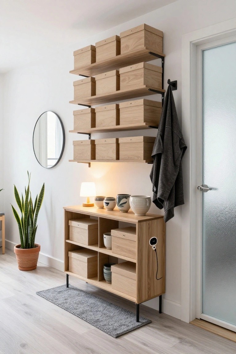 A light hallway with wall-mounted shelves stacked with uniform light wooden boxes, a wooden console table holding more boxes, ceramic pots, and a lamp, plus a potted snake plant, round black mirror, hanging gray towel, and frosted glass door.