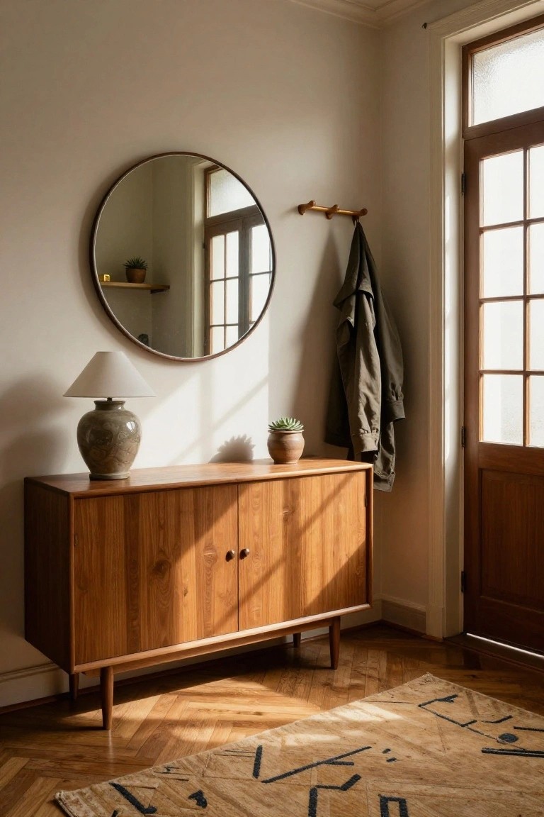 Sunlit interior hallway corner with low wooden credenza topped by ceramic lamp and vase, round brass mirror on wall above, coat hooks holding olive jacket, small potted succulent, next to wood-framed glass doors over herringbone parquet floor and woven rug.