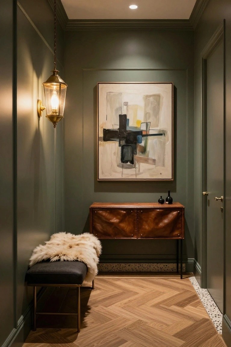 Narrow dark green hallway with brass wall lantern, large abstract painting on wall, brown leather console table with two glass vases and bottle, black bench with white fur throw, herringbone wood floor, and green door at end.