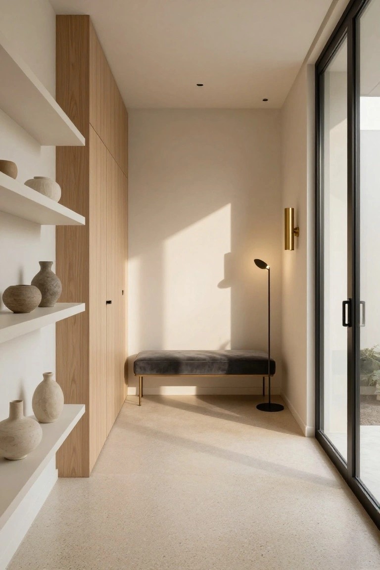Modern hallway with tall oak wood cabinets along one wall, white floating shelves holding ceramic vases, gray velvet bench on brass legs, black floor lamp, gold wall sconce, and glass sliding door to outdoor greenery.