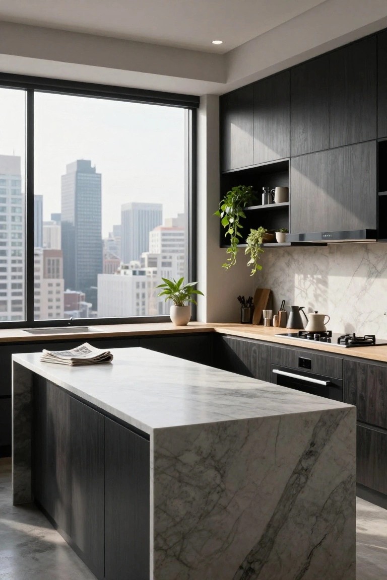Modern kitchen interior with black timber cabinets, white veined marble island and counters, gas cooktop, potted plants, and large window overlooking city skyline.