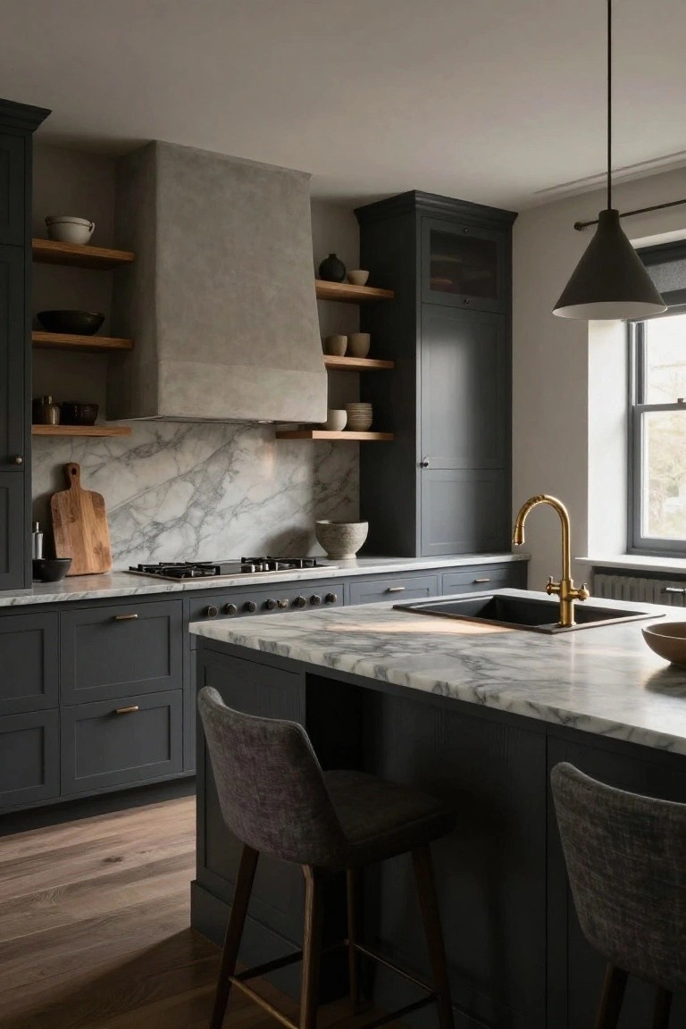 Modern kitchen with dark grey shaker-style cabinets, white marble countertops and backsplash, brass gooseneck faucet, concrete range hood, wooden open shelves, and upholstered bar stools at a marble island.