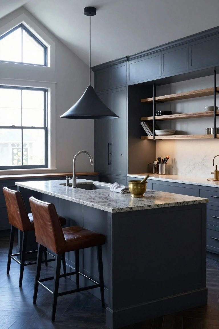 Modern kitchen interior with dark grey cabinetry on perimeter and island, white veined quartz countertops and sink, two tan leather bar stools, wood open shelves, and black cone pendant light above the island.