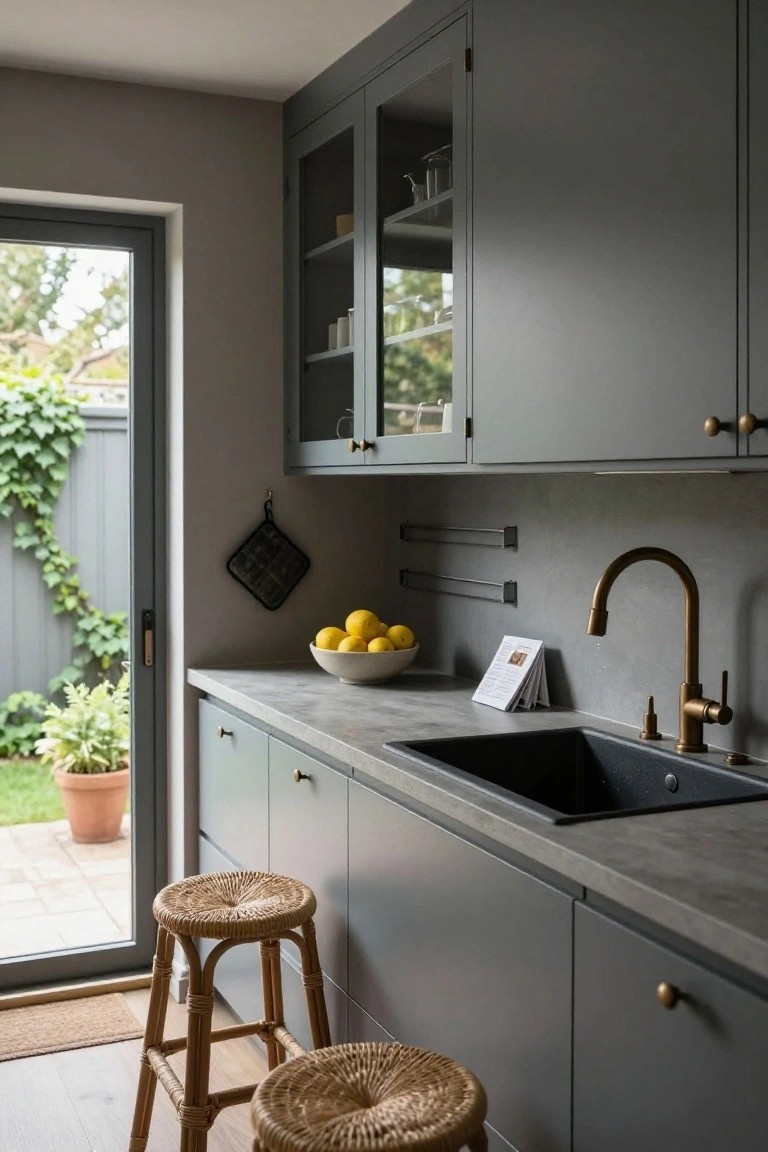 A modern kitchen with dark grey shaker-style cabinets, concrete countertop, black sink, brass faucet, bowl of lemons, rattan bar stools, and glass door to backyard garden with ivy-covered fence and potted plants.