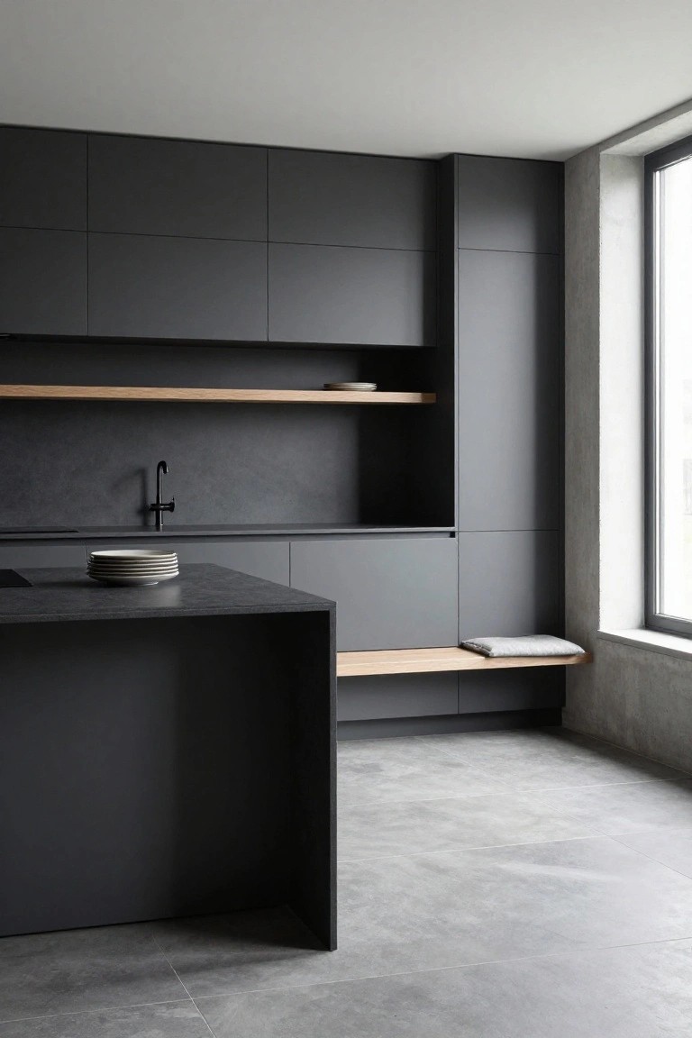 Modern dark gray kitchen with wooden shelves, island, and window light.