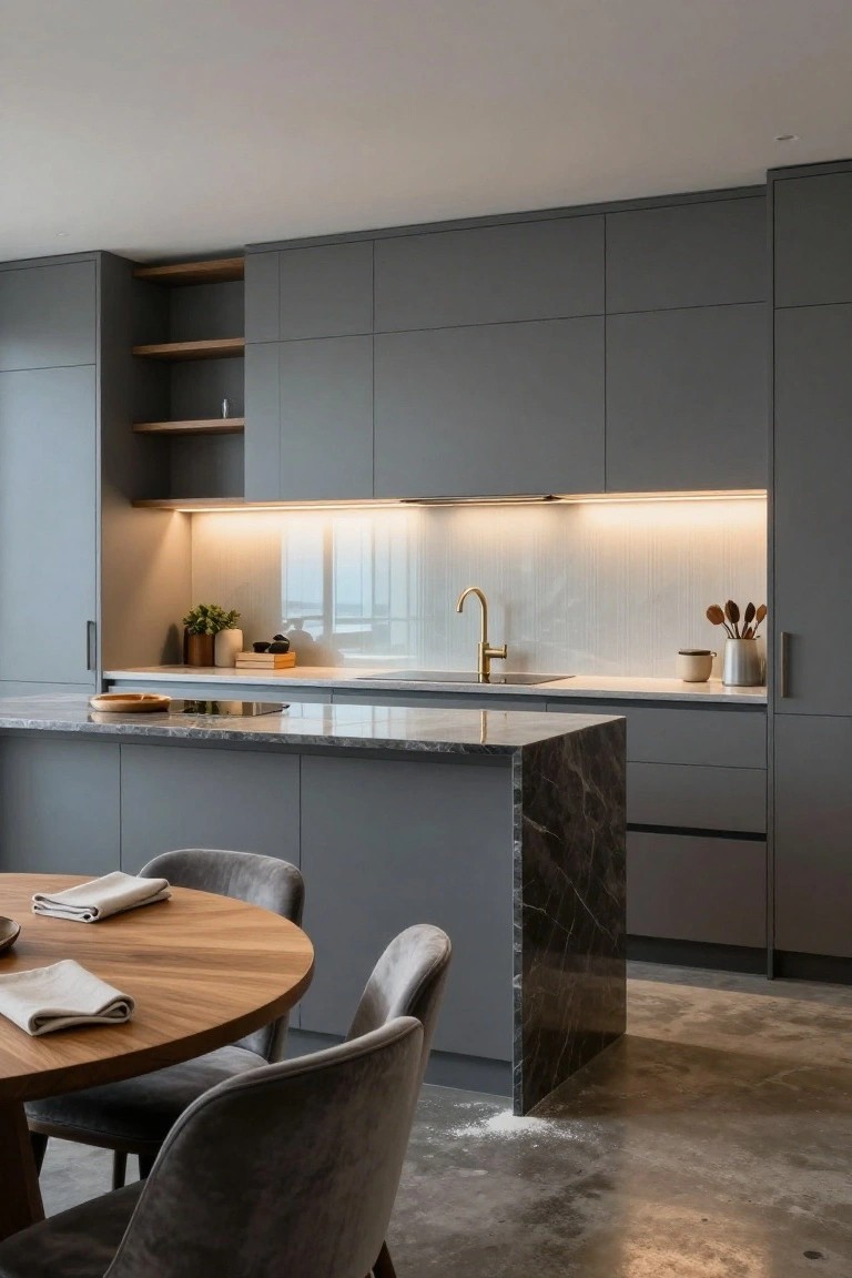 Modern gray kitchen with marble island, gold faucet, and round wooden dining table.