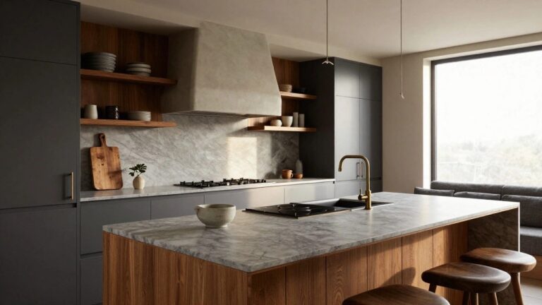 Modern kitchen with dark grey shaker-style cabinets, white marble countertops and backsplash, brass gooseneck faucet, concrete range hood, wooden open shelves, and upholstered bar stools at a marble island.
