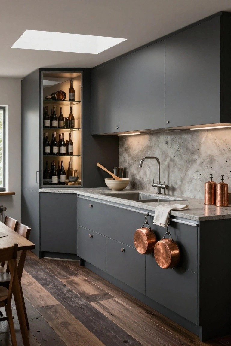 Corner kitchen featuring dark grey matte cabinets, a tall glass-door wine storage unit with interior lighting and multiple wine bottles, a light grey veined backsplash, copper pots hanging on the side, and wooden flooring.