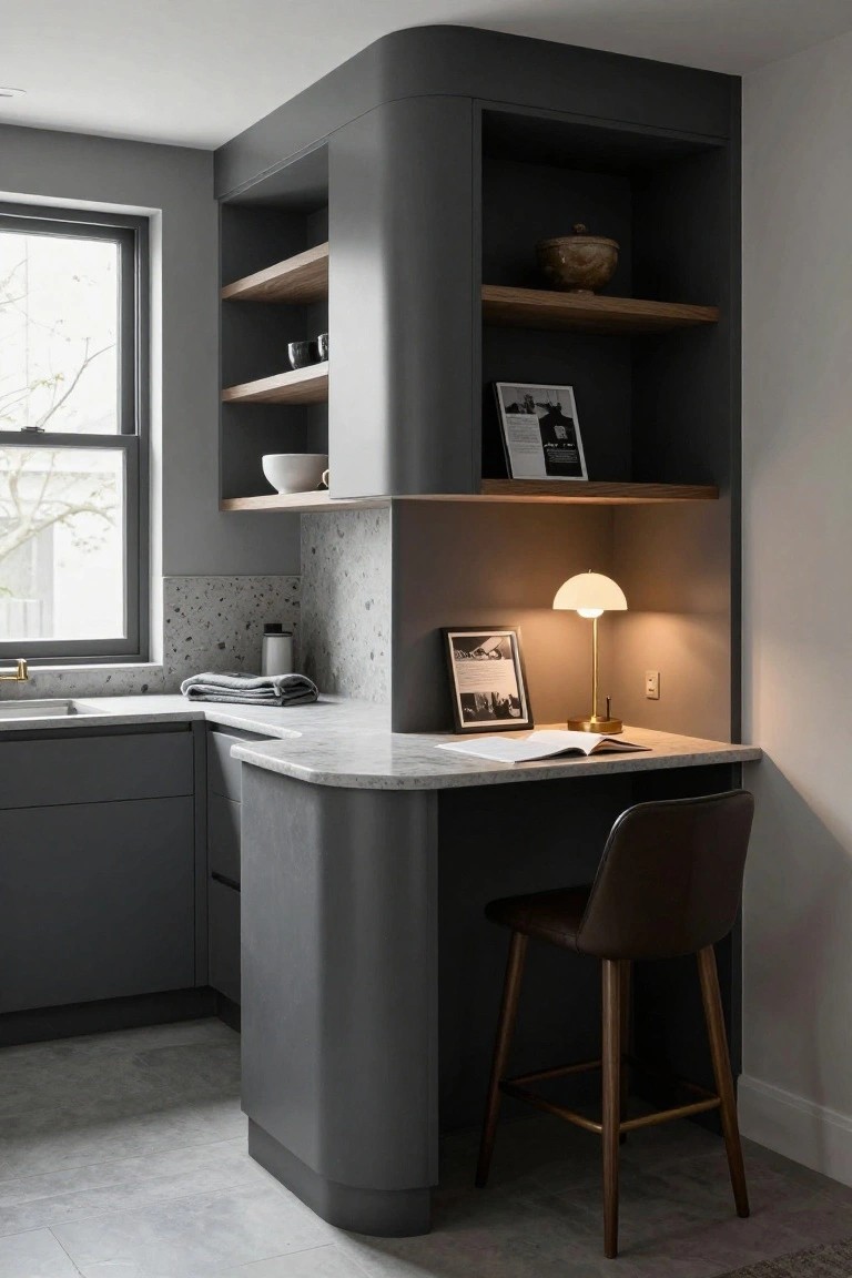 Corner of a modern kitchen with curved dark grey cabinetry forming a built-in desk topped with white marble, wooden shelves holding ceramics and photos, gold lamp, and brown leather stool.