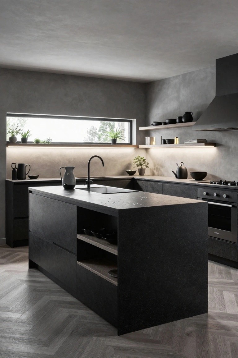 Modern kitchen interior with large matte black central island including sink and open shelving, dark cabinets, stone countertops, black appliances, textured grey walls, window with plants, and herringbone light wood flooring.