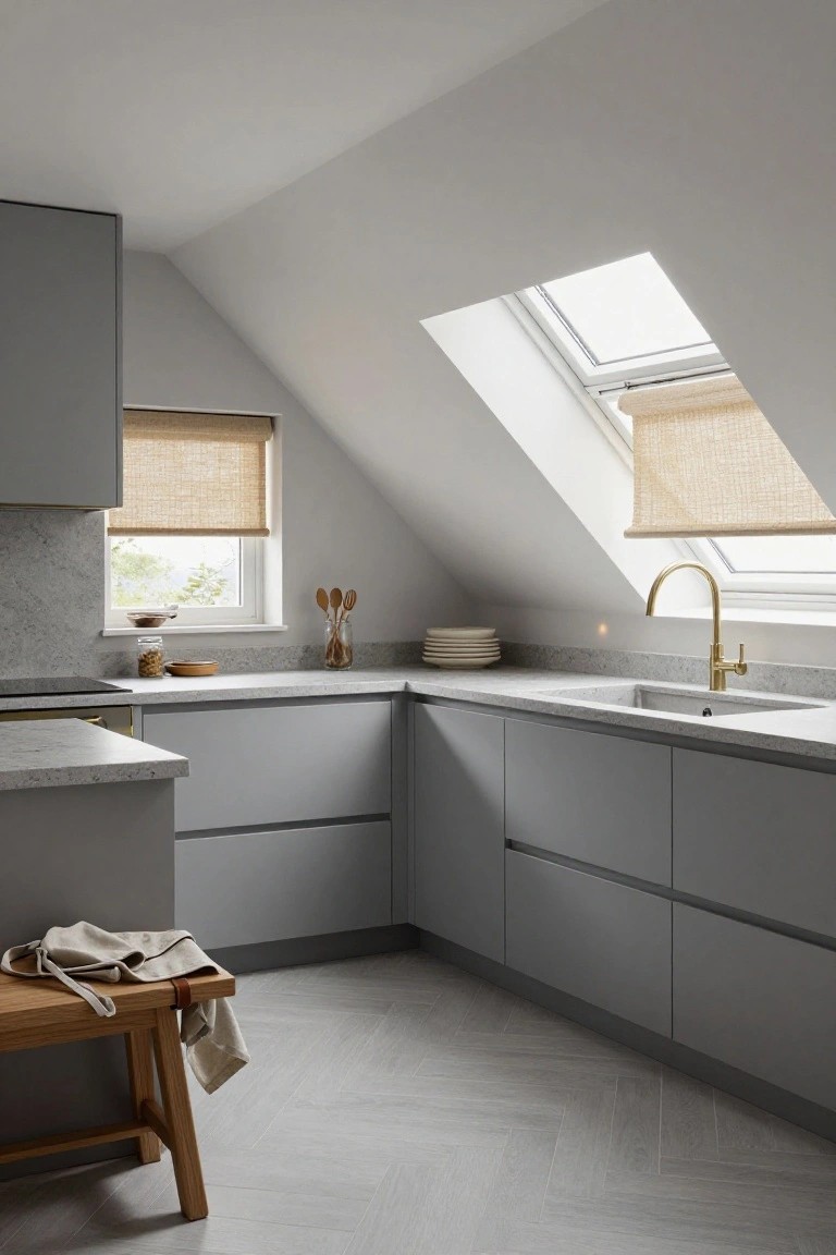 Modern L-shaped kitchen featuring matte grey flat-panel cabinets, white quartz countertops with grey veining, curved gold faucet, sloped white ceilings with skylights and bamboo blinds, wooden utensils on counter, and oak stool with linen towel on herringbone grey floor.