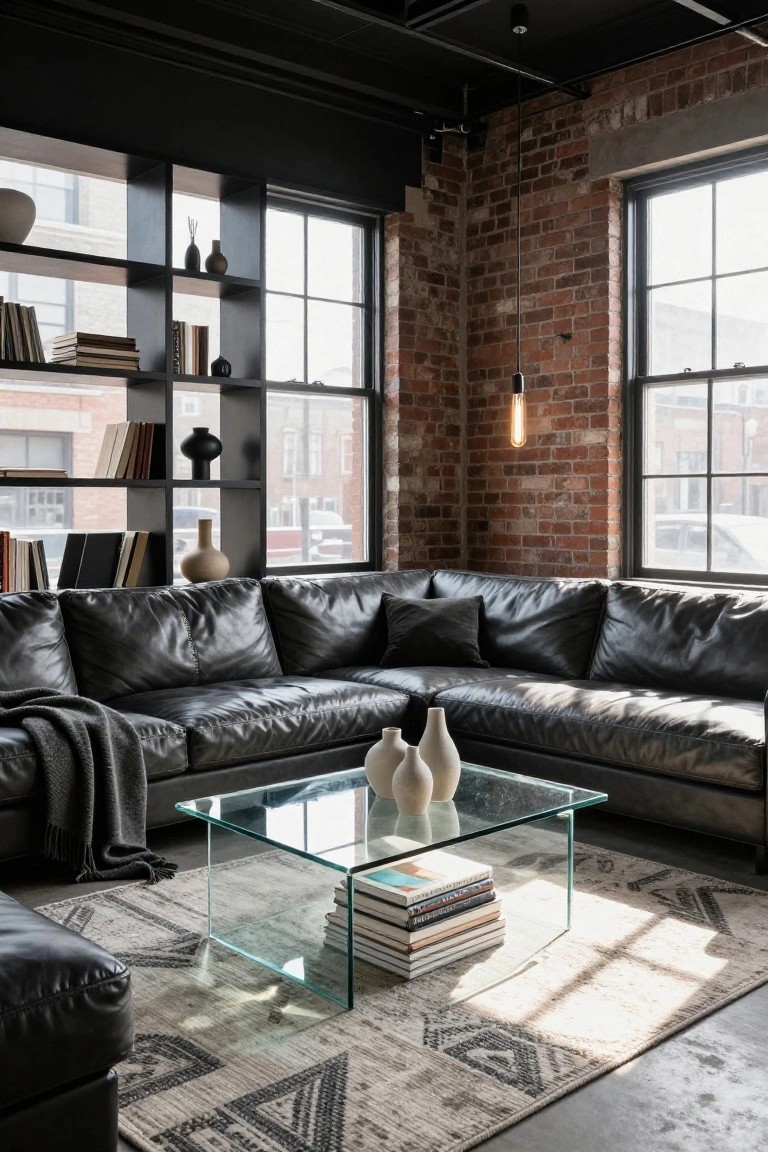 Black leather L-shaped corner sofa in a modern industrial living room with exposed brick walls, black wood bookshelves filled with books and vases, glass coffee table topped with white ceramic vases and stacked books, gray area rug, and large windows letting in sunlight.