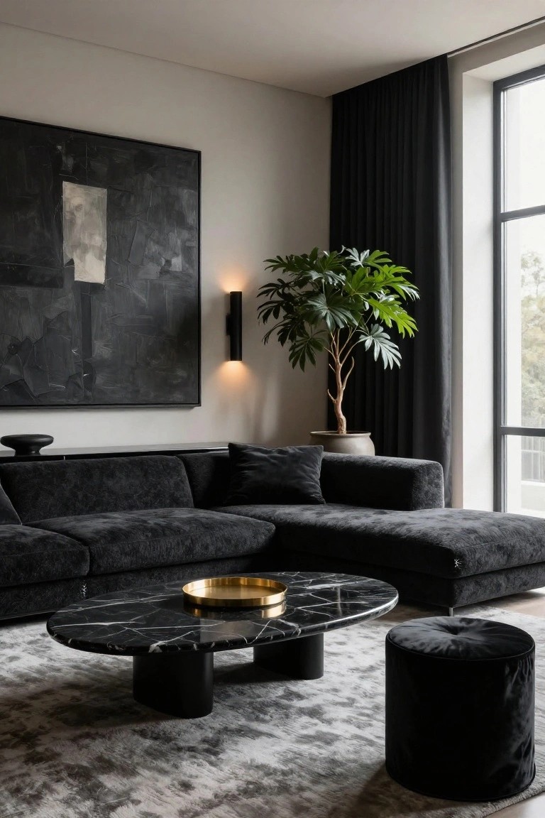 Modern living room with black velvet L-shaped corner sofa, oval black marble coffee table on black legs with gold tray, black velvet pouf, large abstract black painting on wall, potted palm plant, wall sconce, black curtains on floor-to-ceiling window, and gray rug.