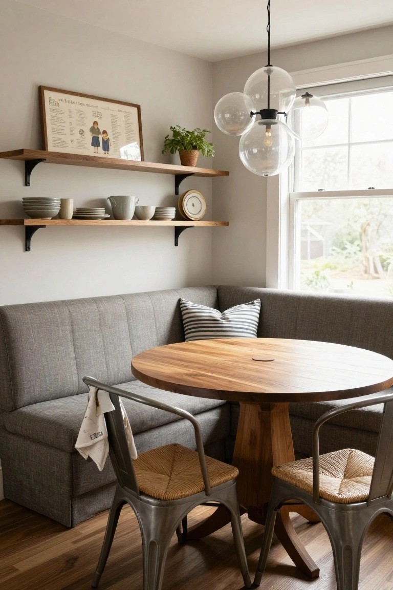 Gray corner banquette with round wood table and two metal chairs with rush seats in a light gray kitchen nook, wooden shelves with dishes above, bubble pendant light overhead, and window nearby.