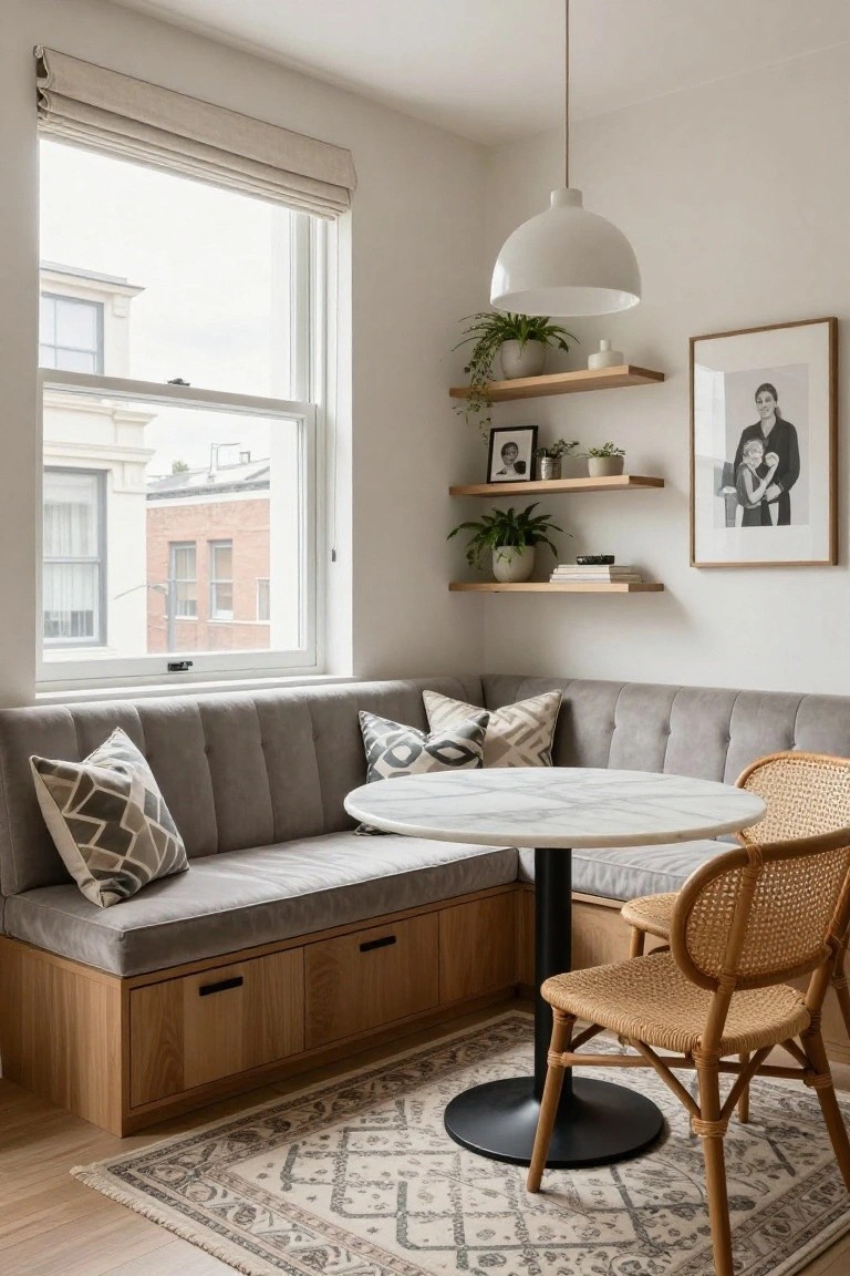 Gray tufted corner bench with built-in wood storage drawers under a window, round white marble table with black pedestal base, rattan chair, floating wood shelves with plants, and family photo frames in a light room.