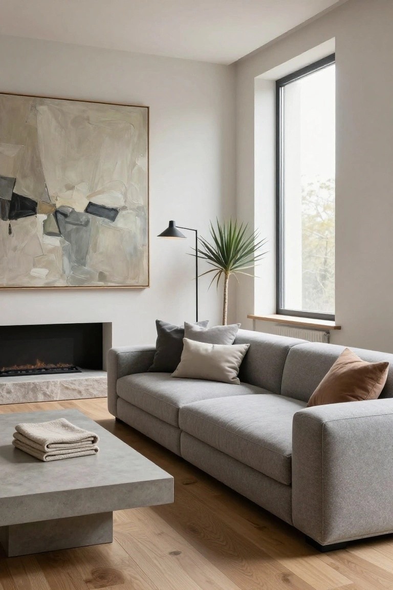 Modern living room with light gray L-shaped corner sofa facing a gas fireplace, concrete coffee table with folded linens, assorted pillows, potted palm plant, abstract painting on wall, and large window with wood floors.
