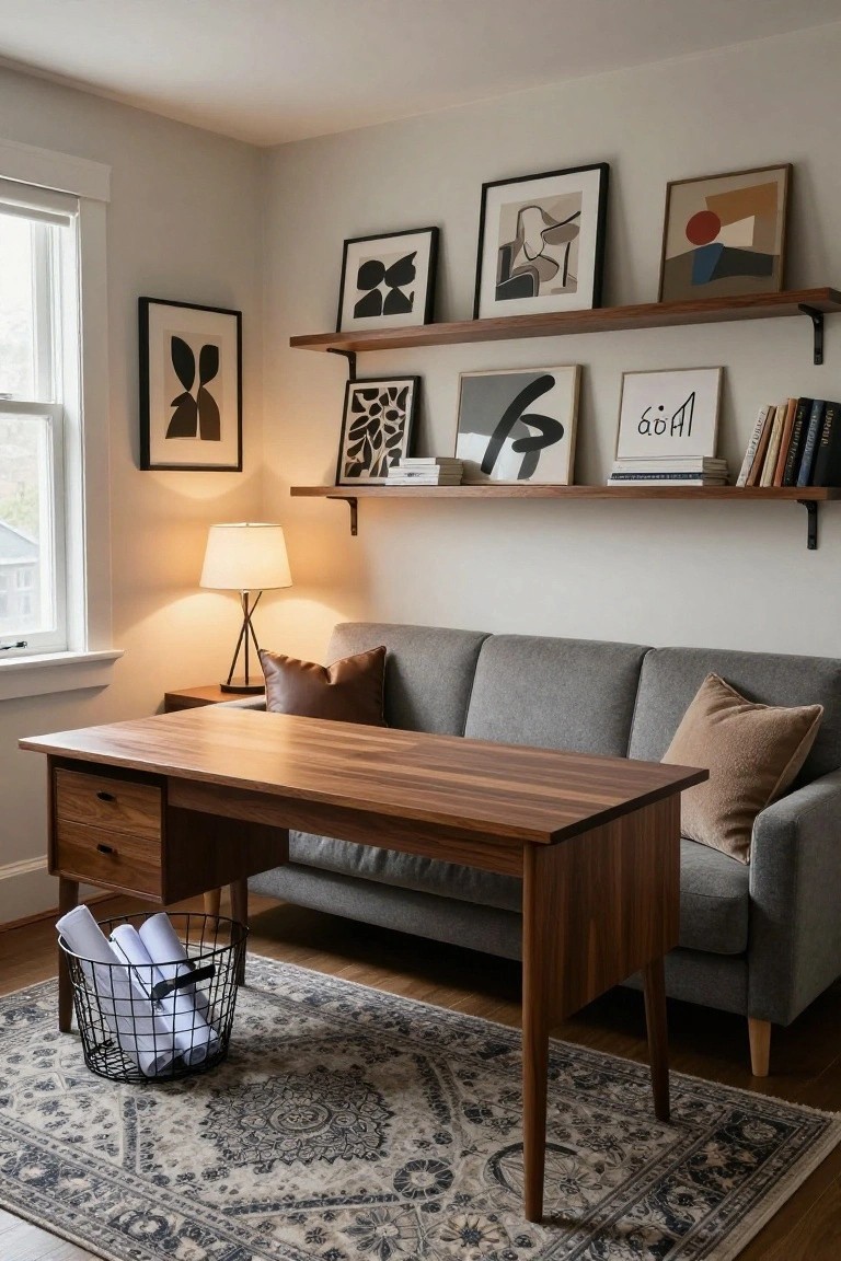 Gray three-seat sofa in corner of room next to wooden desk with drawers, wire basket of rolled papers on floor, side table with lamp, wall shelves with abstract art prints and books, beige rug, window with shade.