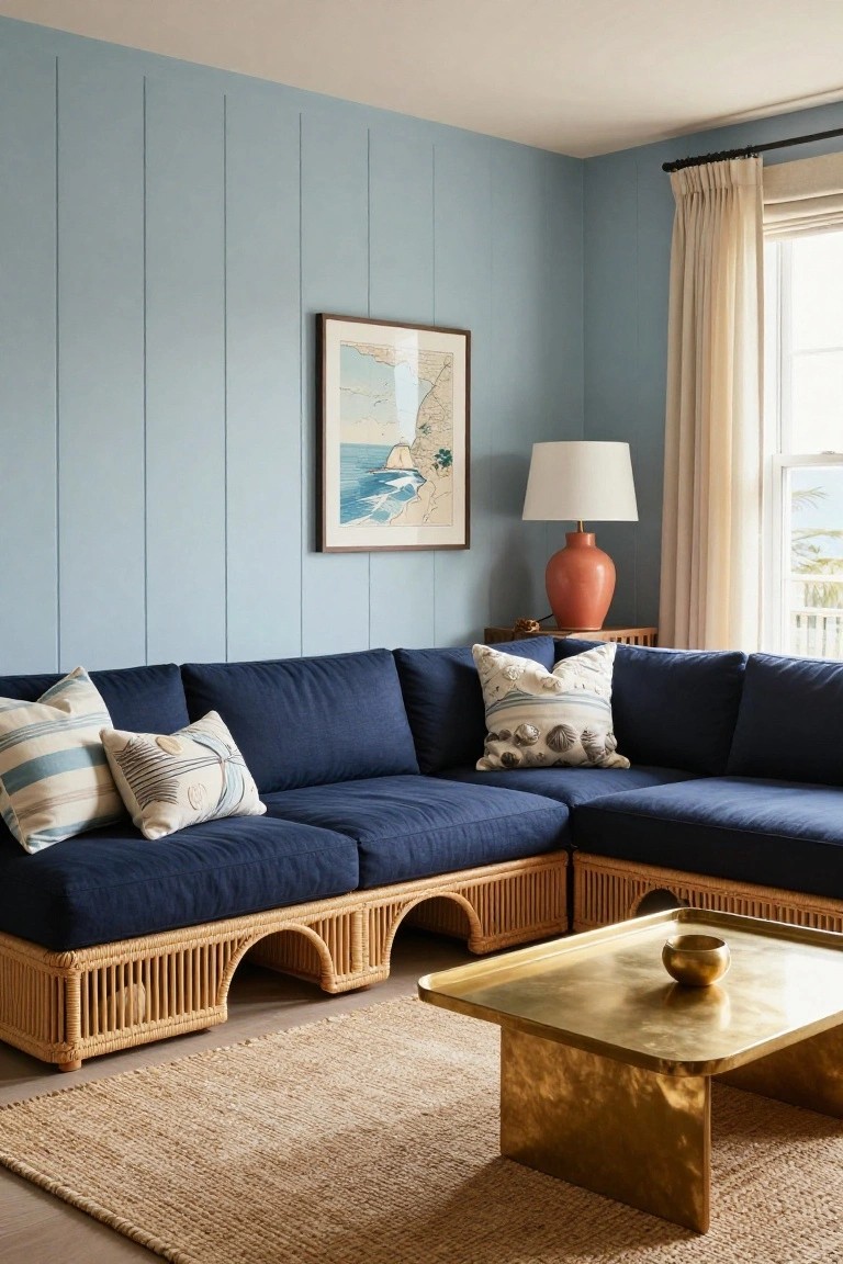 Blue shiplap-paneled living room corner with navy L-shaped sofa on rattan legs, gold tray coffee table holding a bowl, orange ceramic lamp on wood side table, and window with cream curtains overlooking water.