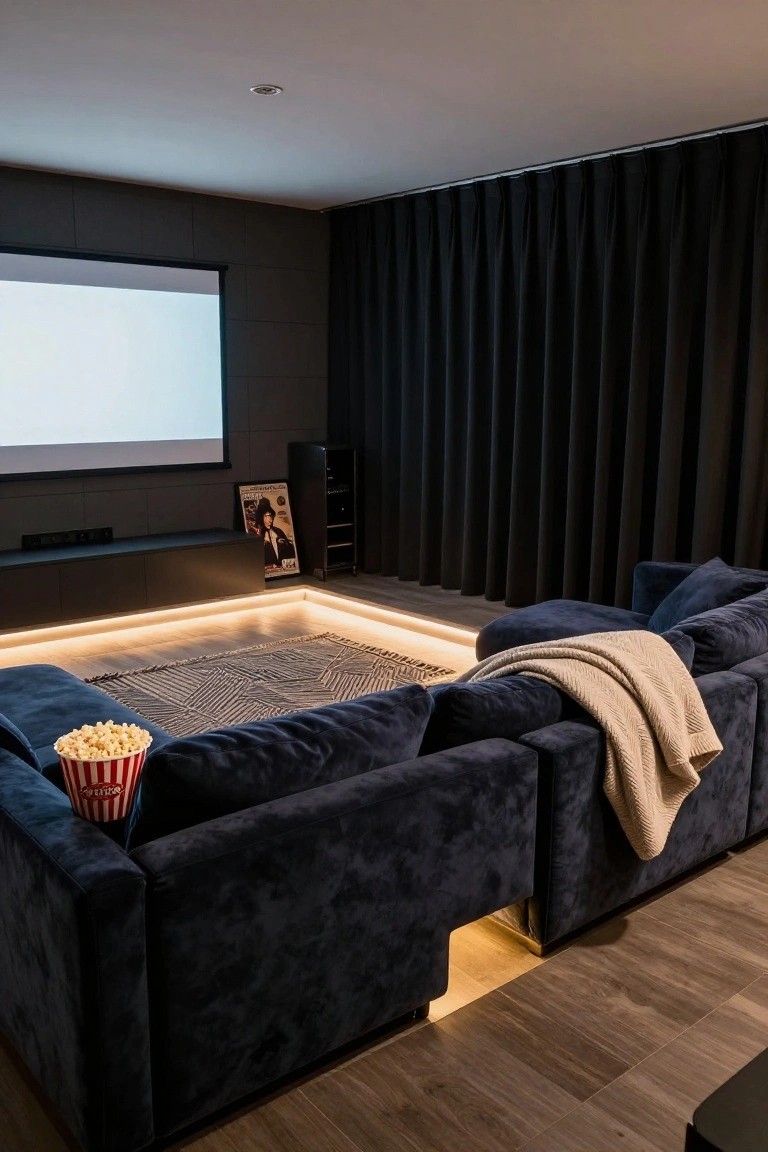 Modern home theater room with large navy velvet corner sofa on a raised platform with LED lighting, facing a blank projector screen, black curtains on walls, popcorn bucket on sofa arm, and wood floors.