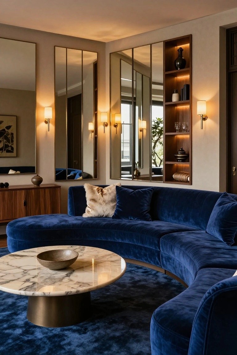 Modern living room with a curved navy blue velvet corner sofa, white marble coffee table holding a ceramic bowl, tall wall mirrors, wooden credenza, and built-in shelving with lighting.