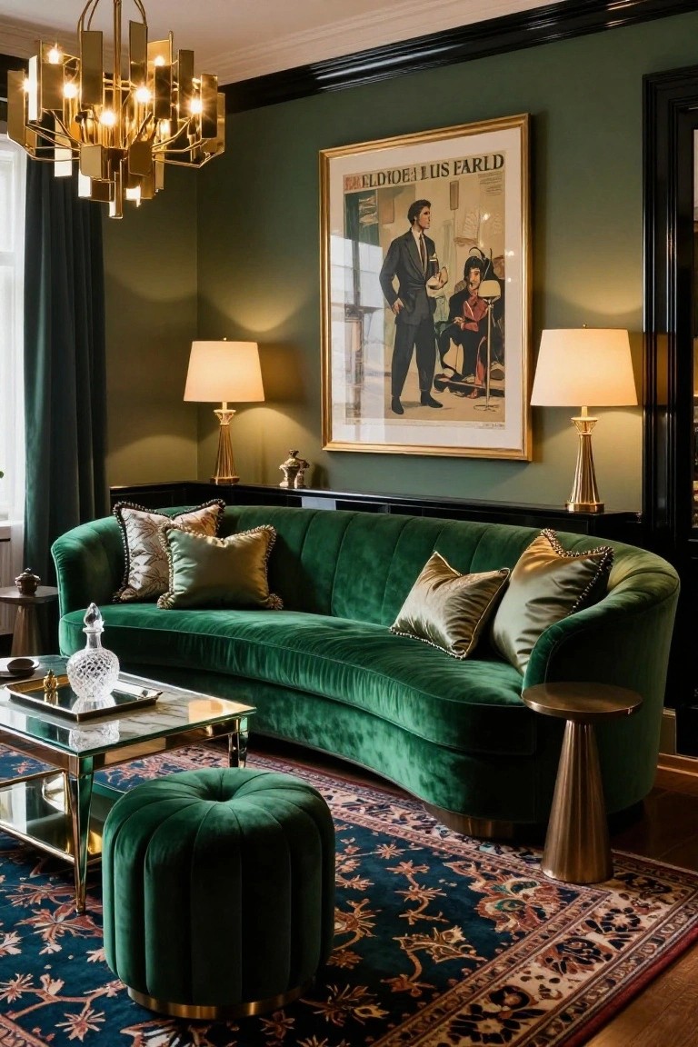 A curved emerald green velvet sofa sits in the corner of a dark green living room with brass chandelier, table lamps, gold-framed poster, glass coffee table, green ottoman, and patterned rug.