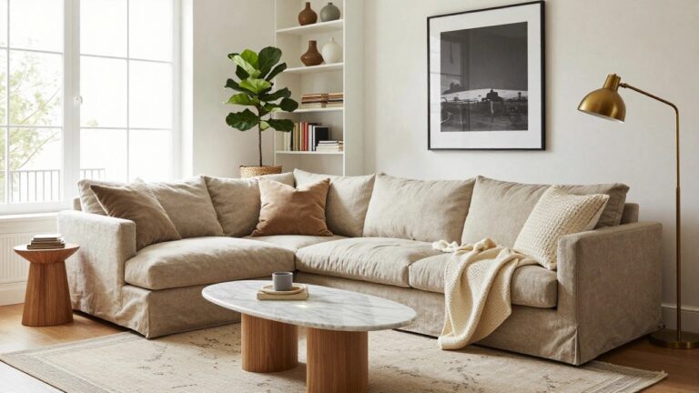 A beige linen L-shaped corner sofa with cream and rust pillows in a white living room, next to a fiddle leaf fig plant, gold arc lamp, marble oval coffee table with candle bowls, and white bookshelf with books and ceramics.