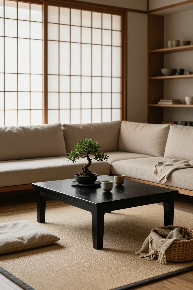 Beige L-shaped corner sofa in a minimalist Japanese-style living room with shoji screen windows, black low table centered with bonsai tree and teacups, floor cushions, and beige rug.