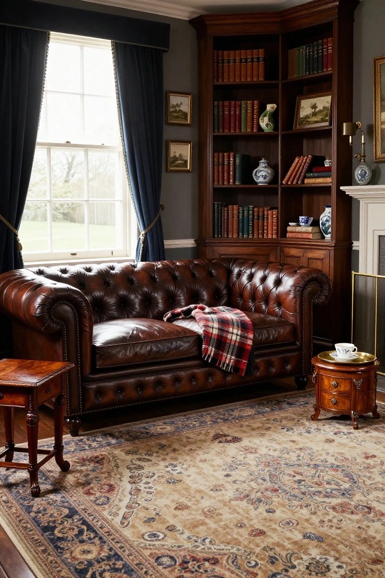 Tufted brown leather corner sofa with plaid throw in a wood-paneled library room featuring corner bookshelves, porcelain vases, small side tables, and a window with blue drapes.