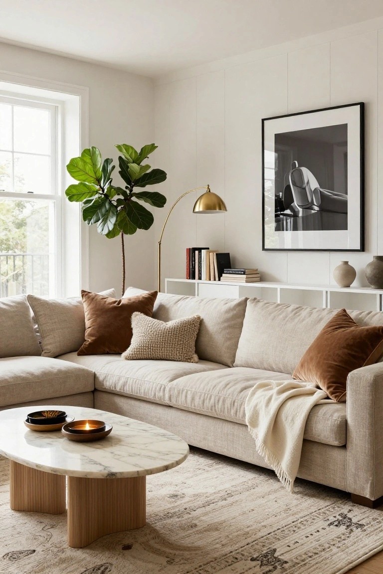 A beige linen L-shaped corner sofa with cream and rust pillows in a white living room, next to a fiddle leaf fig plant, gold arc lamp, marble oval coffee table with candle bowls, and white bookshelf with books and ceramics.